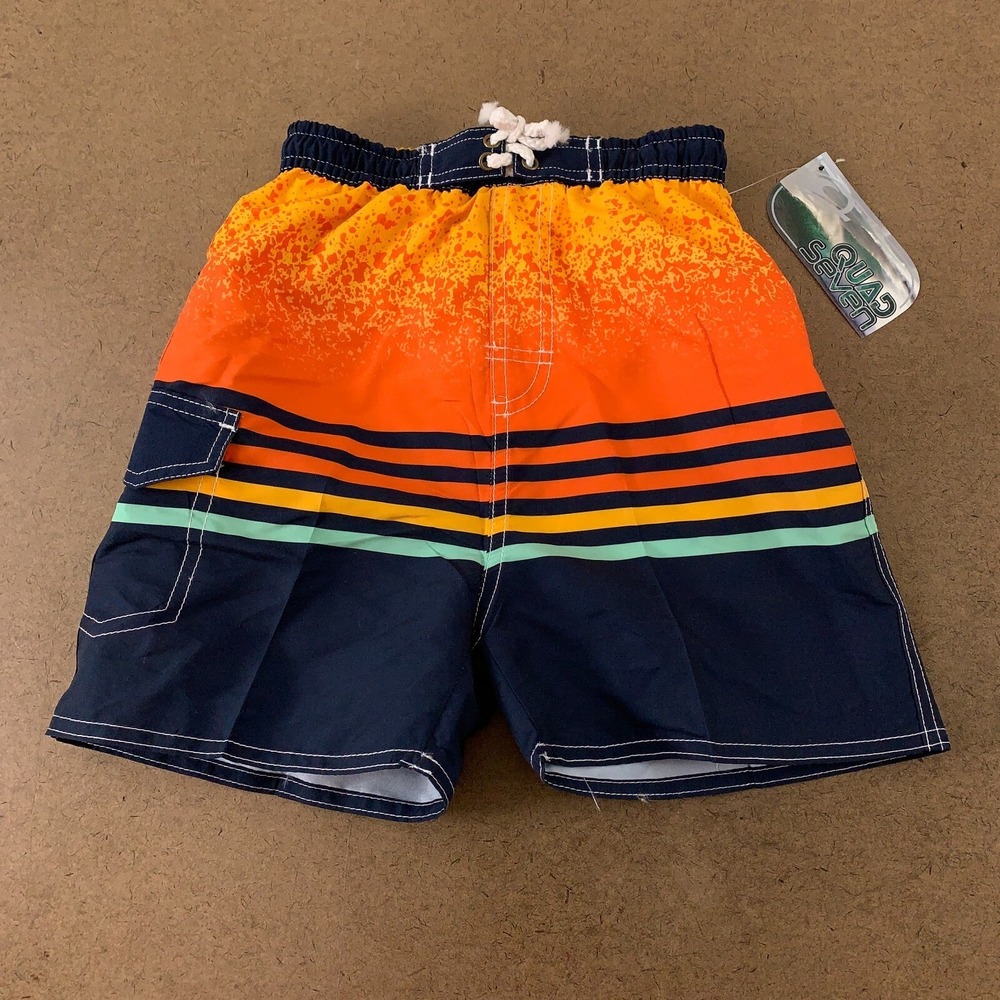 Quad Seven Toddler Boy Size 4T Blue Orange Stripe Mesh Lined Swim Trunks NWT